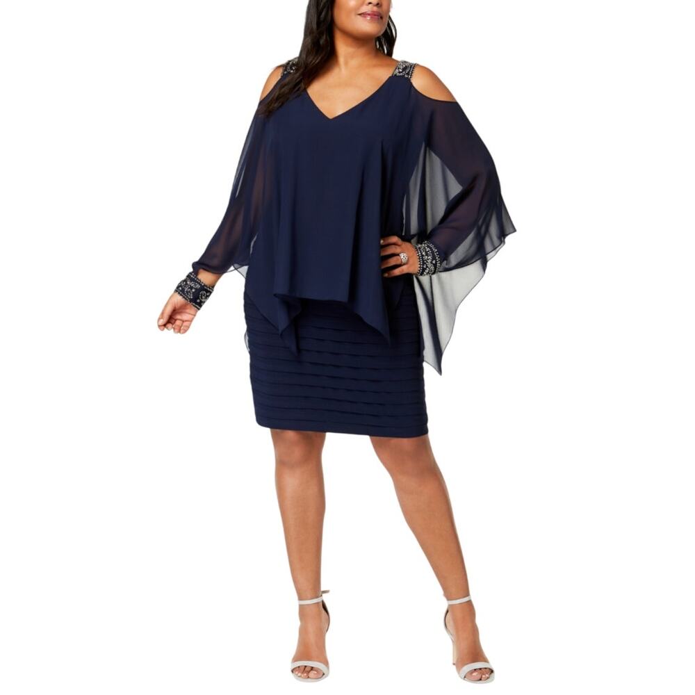 Betsy & Adam Beaded Long Sleeve Cut Out Midi Sheath Cocktail Dress Blue Size 16W